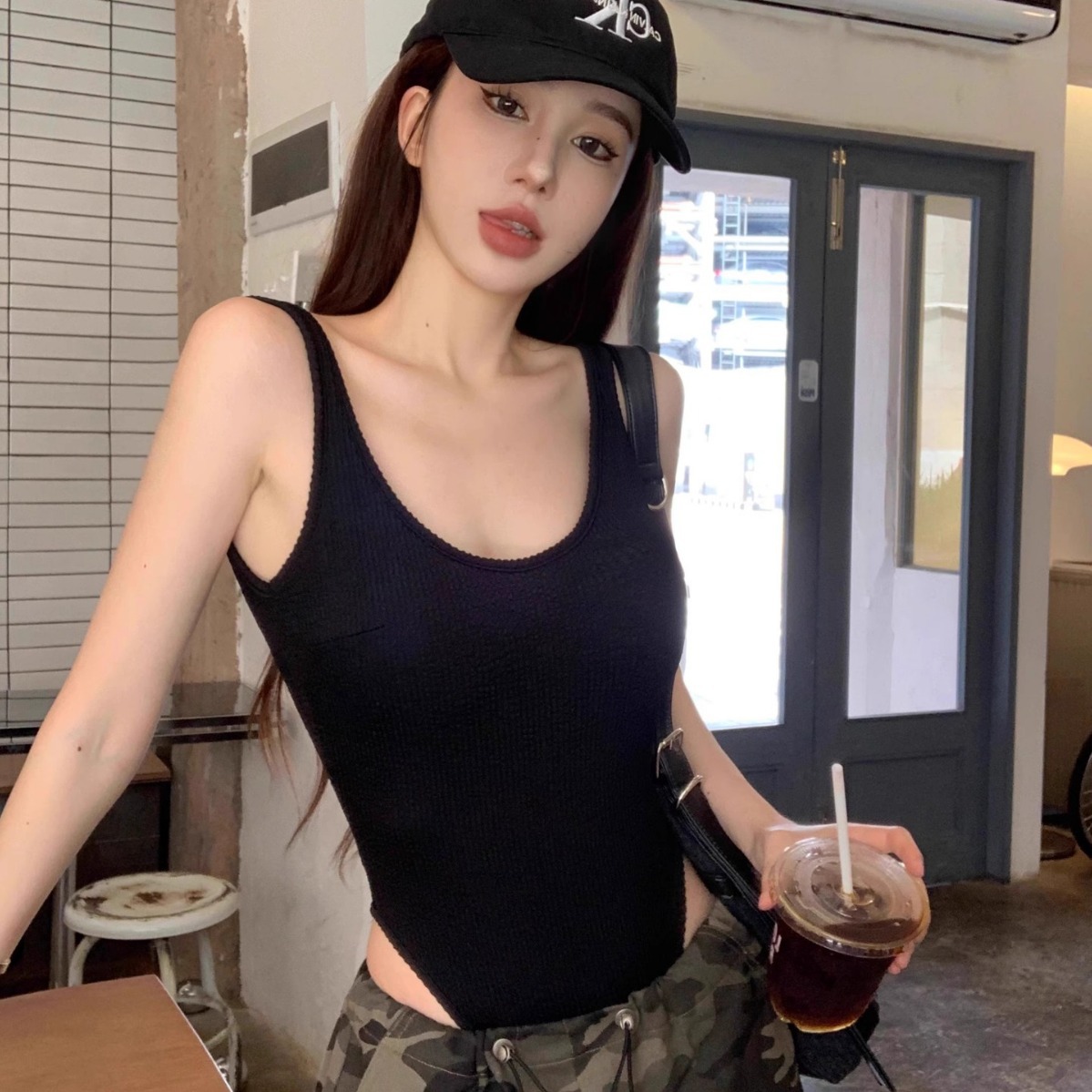Women'S Fashion Gloves - Black Strappy Bodysuit Sexy Backless Ribbed