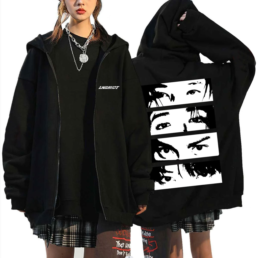 Women'S Fashion Sweatshirts - Korean Band Lngshot Eyes Graphic Zipper