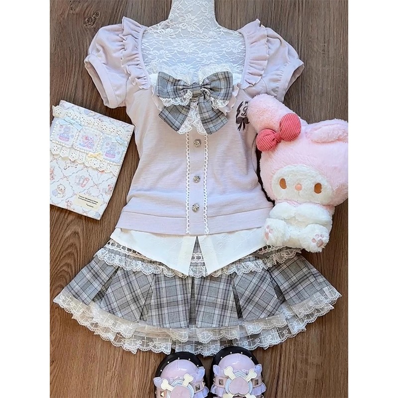 Women's pink lace patchwork to - Pleated Skirt Women ulasan dan harga