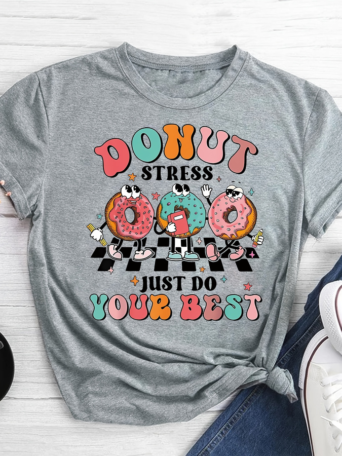 Cartoon Donut Print T-shirt, S - Women'S Fashion Trends 2026 Spring Summer ulasan dan harga