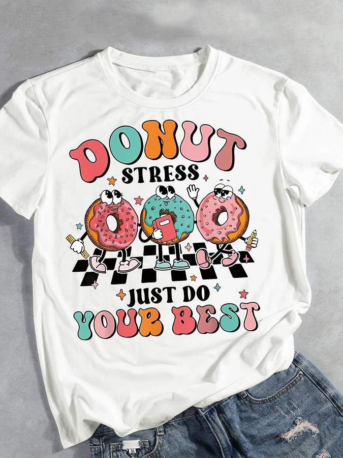 Cartoon Donut Print T-shirt, S - Women'S Fashion Trends 2026 Spring Summer ulasan dan harga